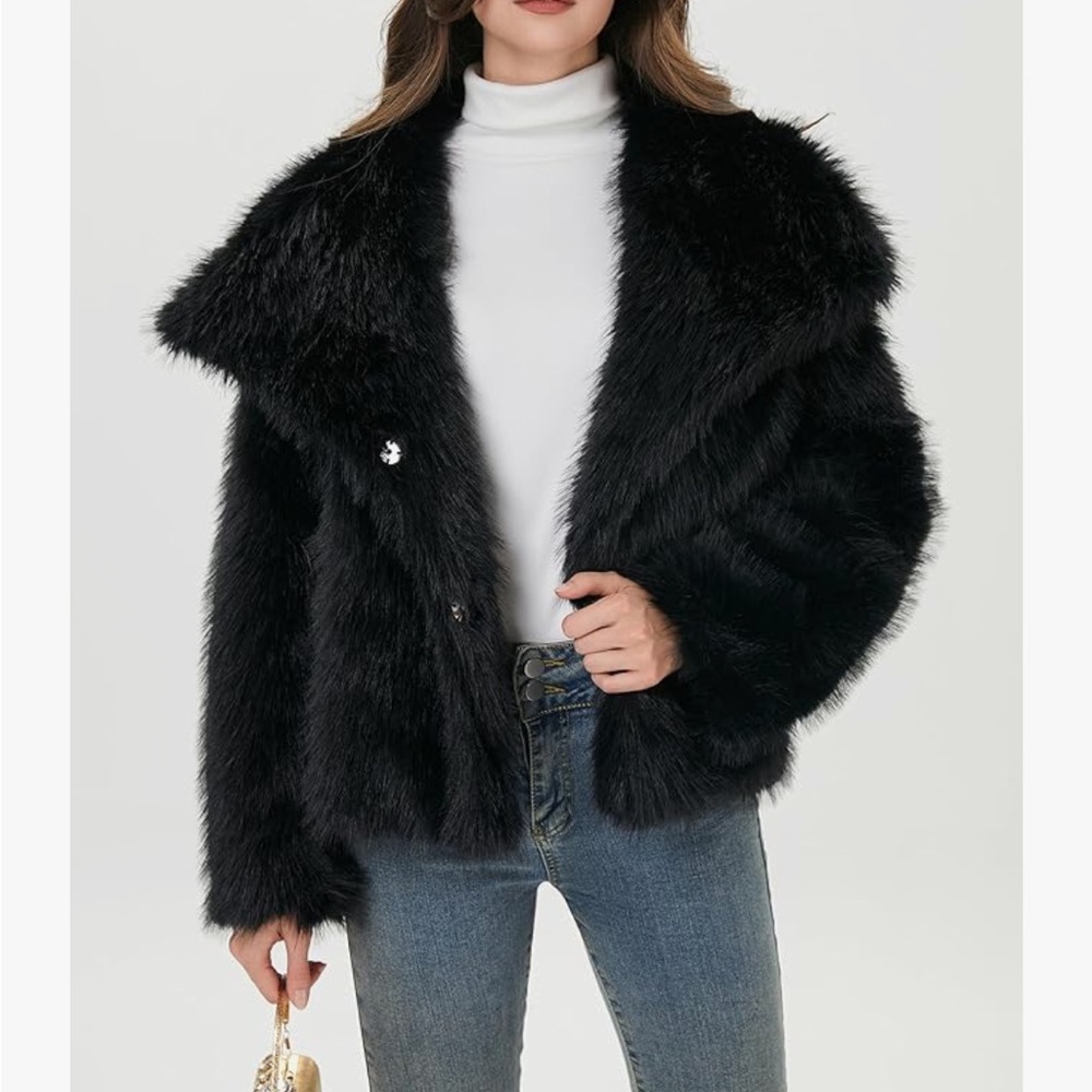 Elegant Black Faux Fur Coat women collared jacket - Picture 5 of 7